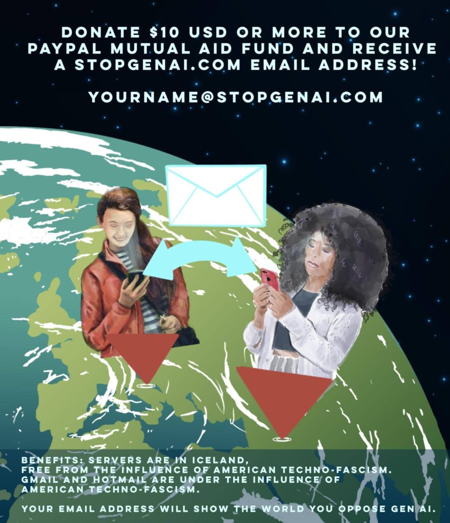 DONATE $10 USD OR MORE TO OUR PAYPAL MUTUAL AID FUND AND RECEIVE A STOPGENAI.COM EMAIL ADDRESS! YOURNAME@STOPGENAI.COM E BENEFITS: SERVERS ARE IN ICELAND, FREE FROM THE INFLUENCE OF AMERICAN TECHNO-FASCISM. GMAIL AND HOTMAIL ARE UNDER THE INFLUENCE OF AMERICAN TECHNO-FASCISM. YOUR EMAIL ADDRESS WILL SHOW THE WORLD YOU OPPOSE GEN AI.
